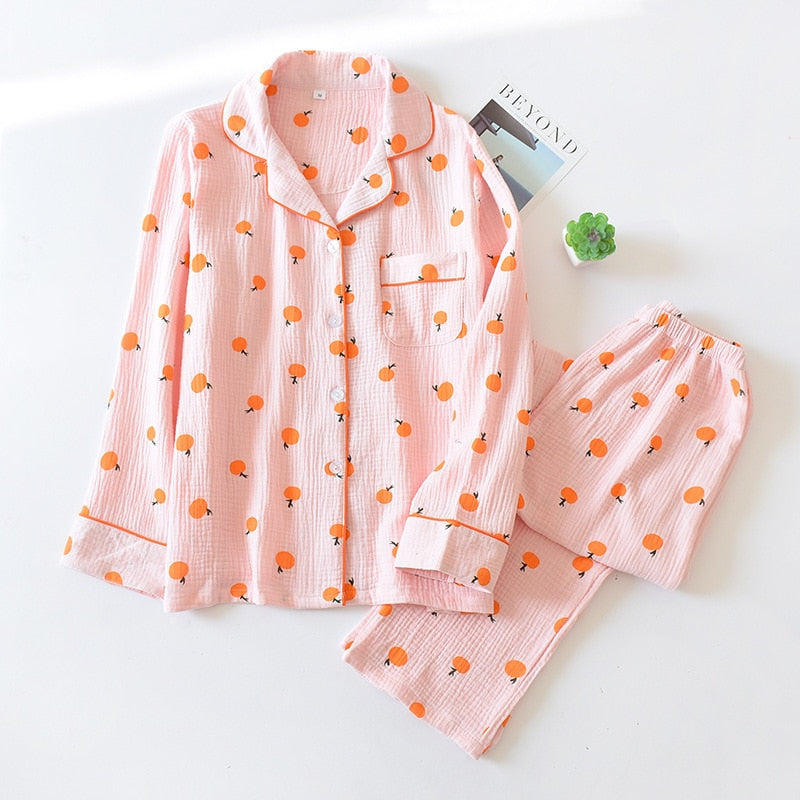 Spring New Ladies Pajamas Set Heart Printed Crepe Cotton Double-layer Gauze Turn-down Collar Long-sleeve Trousers Household Wear