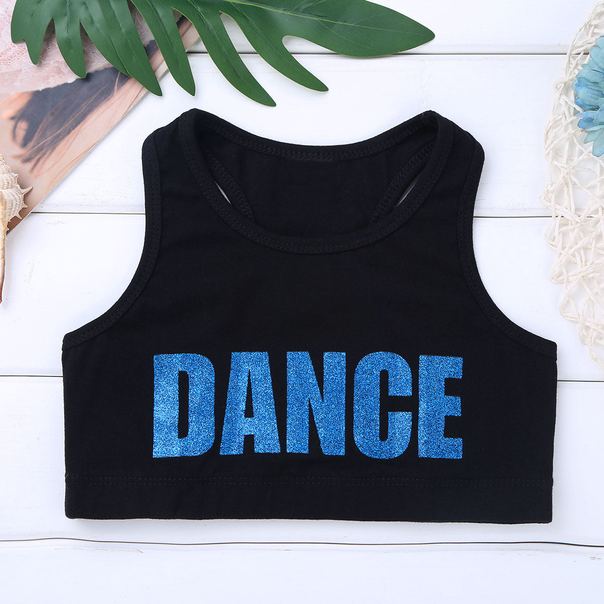 Kids Girls Sleeveless Shiny Letters DANCE Printed Crop Top Sports Gymnastics Ballet Tops Stage Performance Dance Costume