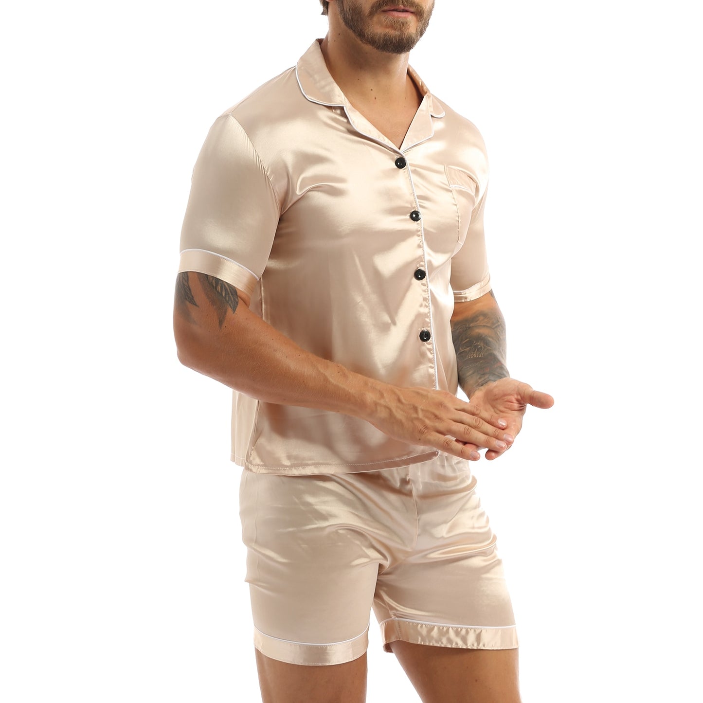 Fashion Mens Silky Satin Pajamas Set Solid Color Short Sleeves Button T-Shirt Tops with Elastic Waistband Boxer Shorts Sleepwear