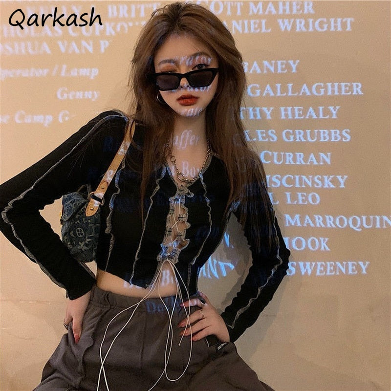 T-shirts Women Fashionable Bust Hollow-out Design Long Sleeve Cool Female Hipster Tees Crop Top Sexy Hot Girls High Street