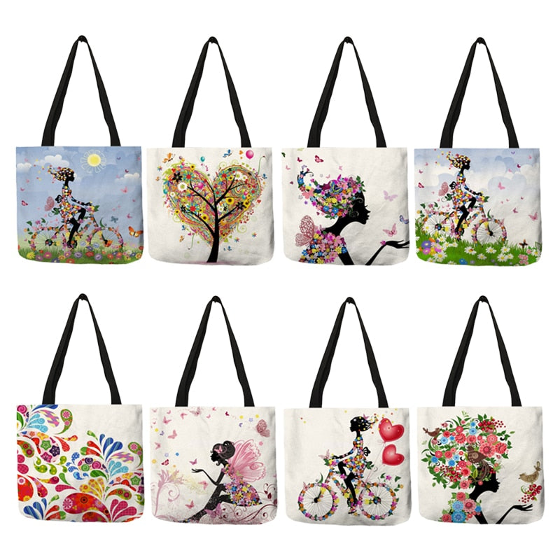 Wishing Girl Print Linen Reusable Shopping Bags Women Large Tote Bags Fashion Handbags With Customized Printed