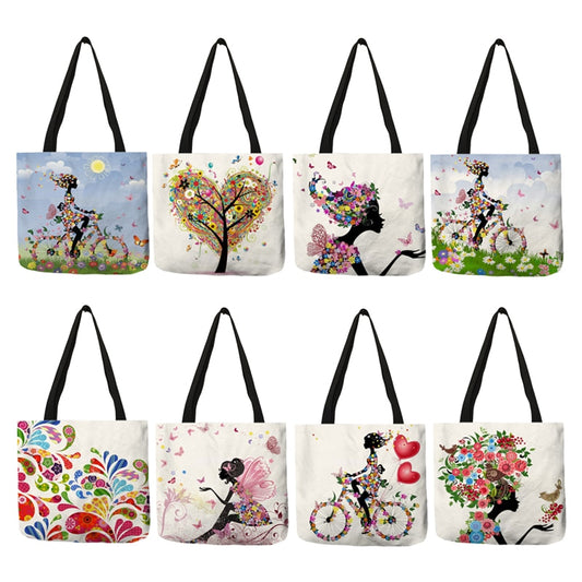 Wishing Girl Print Linen Reusable Shopping Bags Women Large Tote Bags Fashion Handbags With Customized Printed