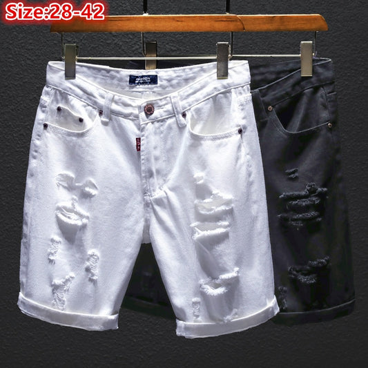 Summer Denim Off White Shorts Ripped Holes Black Half Jean Boys Scratched Distressed Plus Size 38 40 42 Trousers