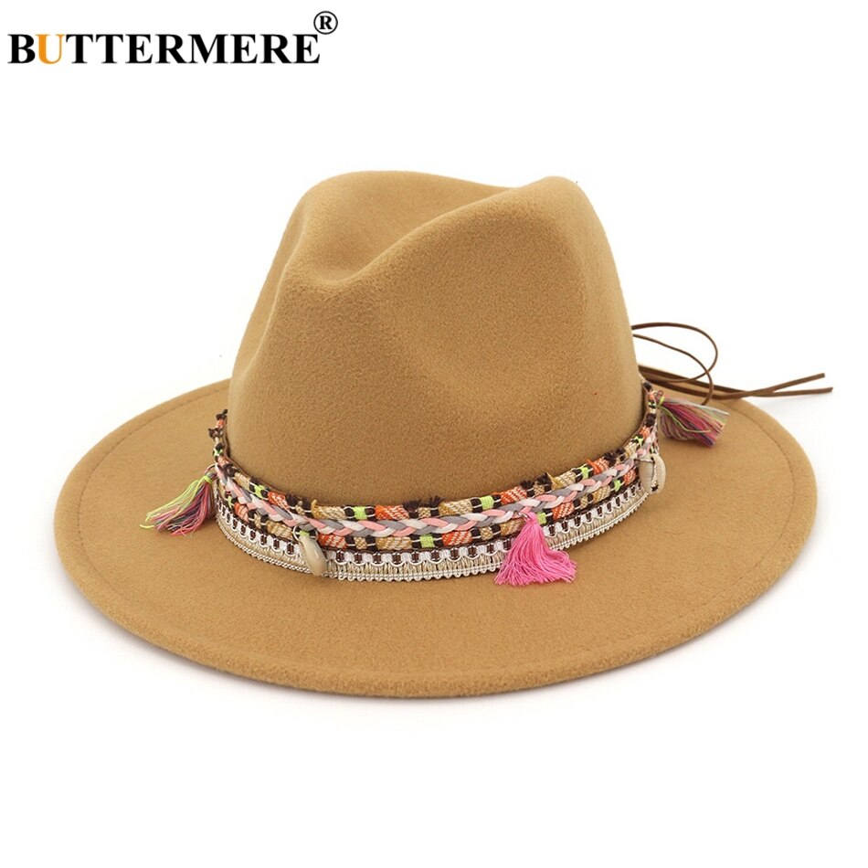 BUTTERMERE Womens Fedora Hat Wool Khaki Jazz Hats Female National Casual Large Brim Vintage Autumn Classic Felt Hat And Cap
