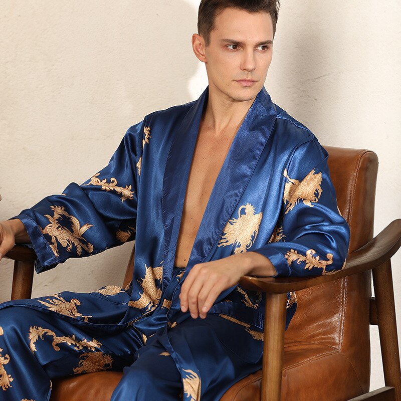 Male Satin Sleepwear Robe&amp;Pants Dargon Pajamas Set Print Men Nightwear Kimono Bathrobe Gown Faux Silk Lounge Wear Home Clothes