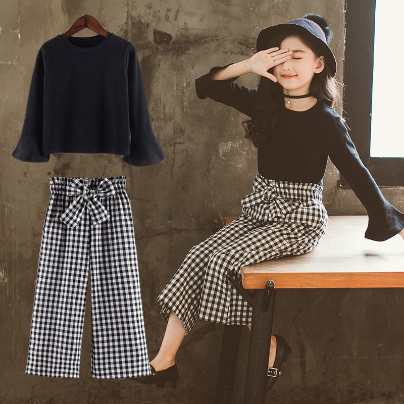 Kids Girls Clothing Sets 2023 Autumn Long Sleeve T-shirts + Plaid Wide Leg Pants 2PCS Children's Clothes Teenage 6 8 10 12 Years