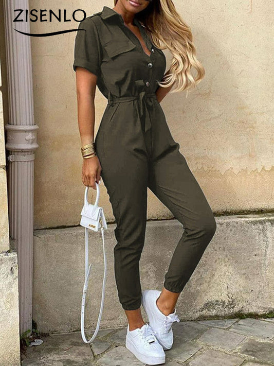 Overalls for Women New Casual Lapel Lace-up Print Belt Work Jumpsuit Women One Pieces Bodysuit Women Chic and Elegant Jumpsuits