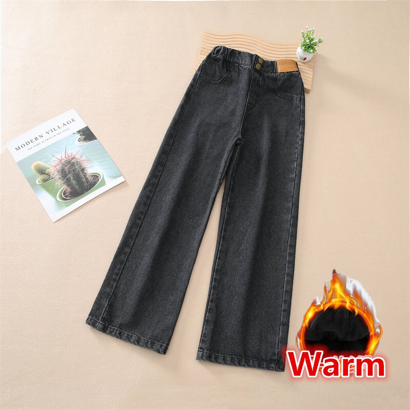 Teenage Girls Jeans With Fleece Autumn Winter Casual Fashion Kids Wide Leg Insulated Jeans Pants School Children Denim Trousers
