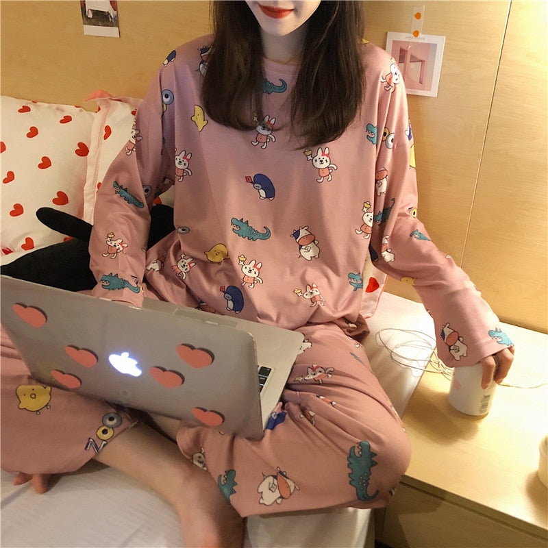 Autumn Thin 2pieces Pajamas Set Women Sleepwear Lovely Home Suits Round Neck Girls Teacup SleepwearLong Sleeve Pajamas