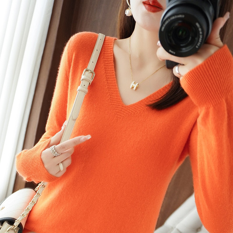 Women's Sweater 2023 Autumn Winter Knitted Pullovers V-neck Slim Fit Bottoming Shirt Solid Soft Knitwear Jumpers Basic Sweaters