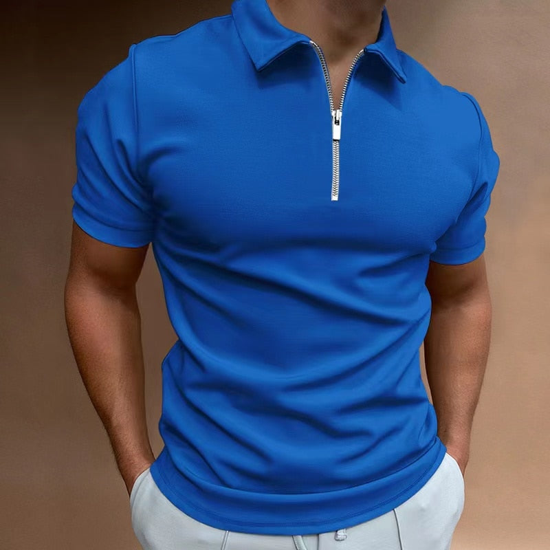 NEW Men Solid Color Polo Shirt Short Sleeve Turn-Down Collar Zipper Polo Shirt for Men Casual Streetwear Summer Male Tops