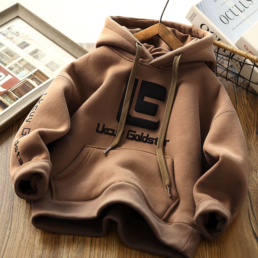 Children's Clothing Boys' Velvet Padded Hooded Sweatshirt Autumn and Winter Padded Top Middle and Big Thermal Head Cover Tops