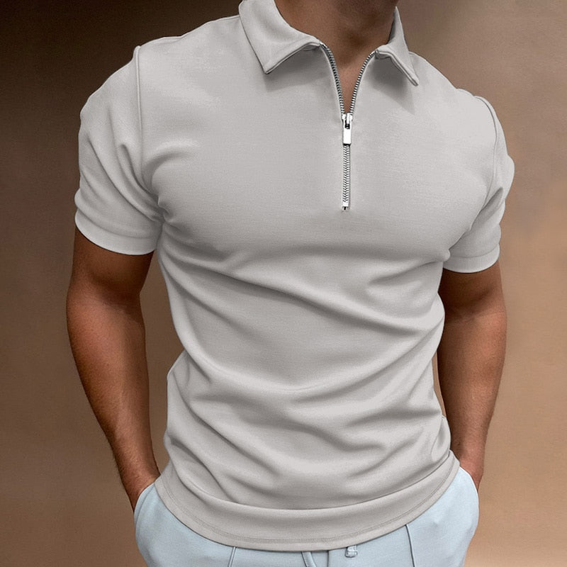NEW Men Solid Color Polo Shirt Short Sleeve Turn-Down Collar Zipper Polo Shirt for Men Casual Streetwear Summer Male Tops