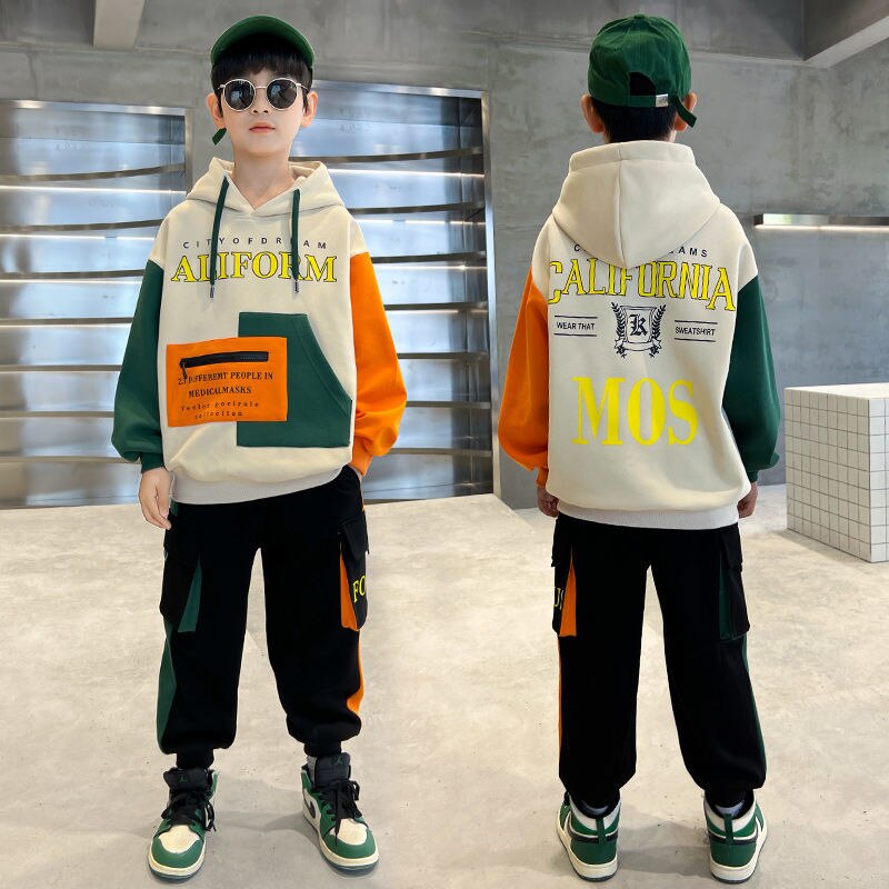 Children Boys Spring Autumn Clothing Sets 2022 New Fashion Patchwork Hooded Letters Print Sportswear Teenagers 2 Pieces Outfits