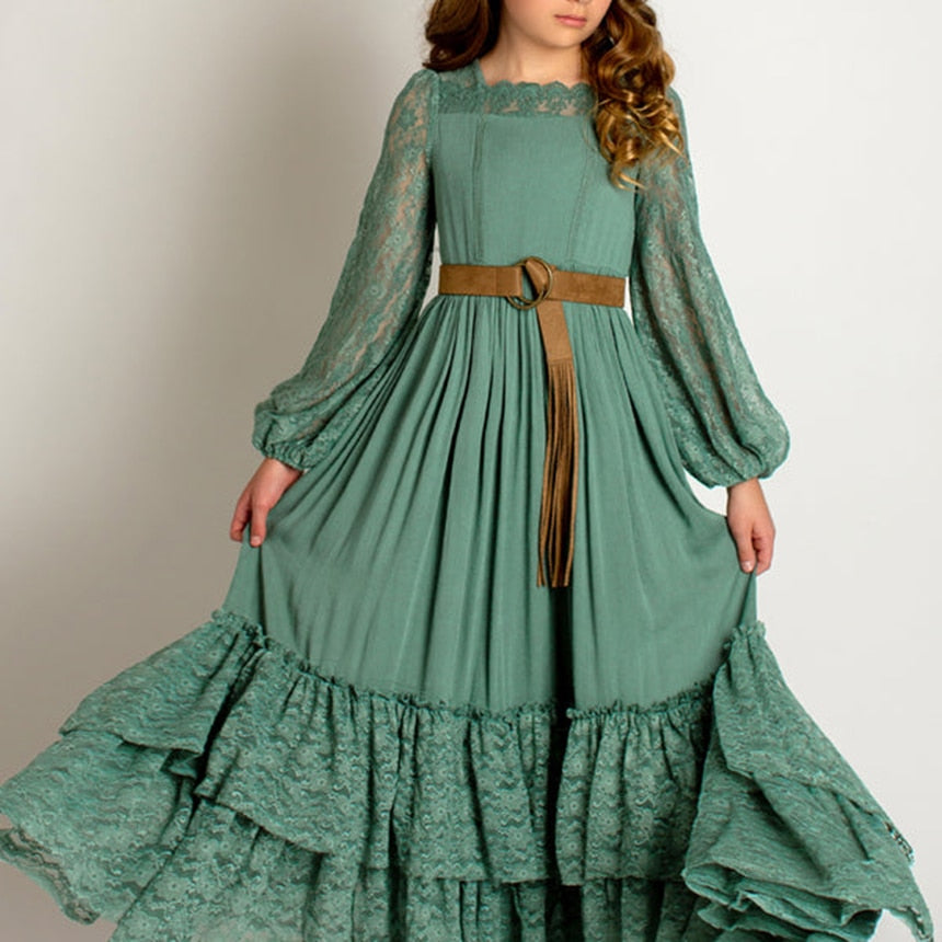 Christmas Girls Lace Long Sleeve Lace Dress Teenage Kids Elegant Princess Party Vestidos Costumes Children Clothing for 7-14y