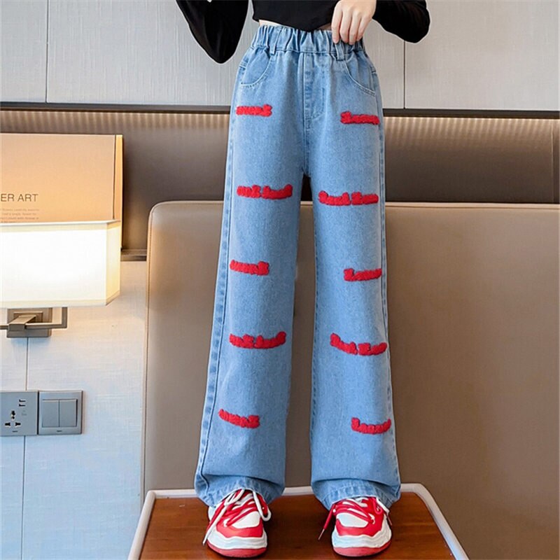 Children Wide Leg Jeans Spring 2023 Geometric Pattern Fashion Teenage School Kids Pants Casual Loose Straight Trousers for Girls