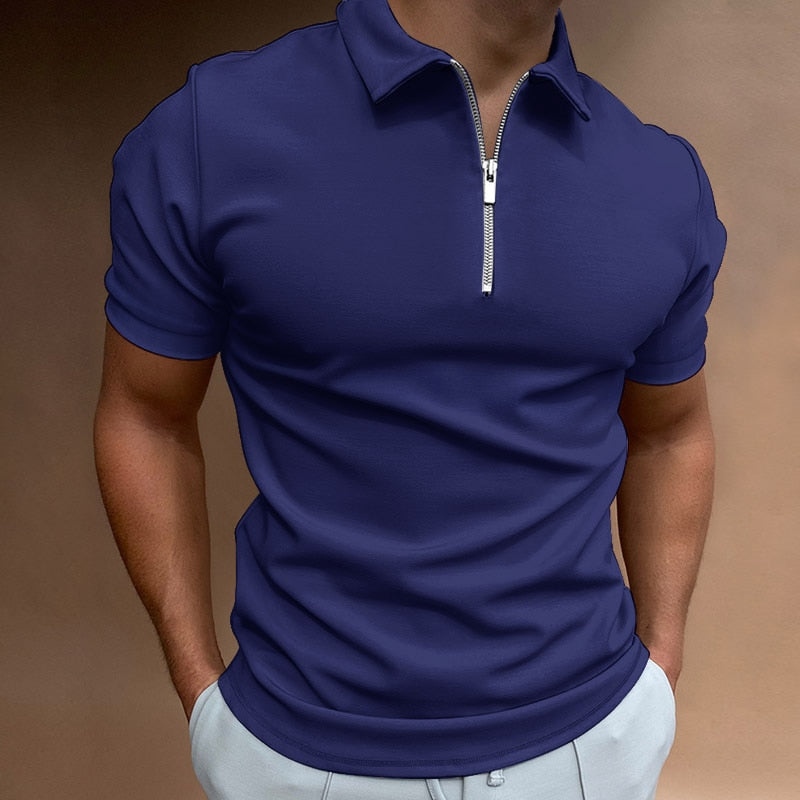 NEW Men Solid Color Polo Shirt Short Sleeve Turn-Down Collar Zipper Polo Shirt for Men Casual Streetwear Summer Male Tops