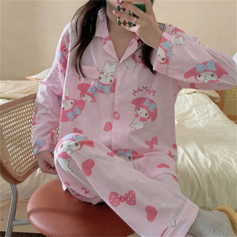 Kawaii Sanrio Kuromi New Autumn Kawaii Two Piece Pajamas Soft Home Wear Outgoing Girl Christmas Birthday Gift Clothes
