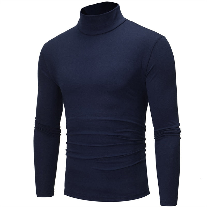 Fashion Men Casual Slim Fit Basic Turtleneck High Collar Pullover Male Autumn Spring Thin Tops Basic Bottoming Plain T-shirt