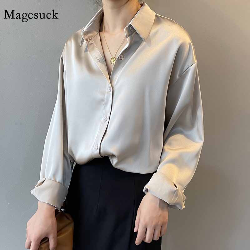 Silk Office Ladies Elegant Shirt Blouse Women Fashion Button Up Satin Shirt Vintage White Long Sleeve Shirts Tops 11355