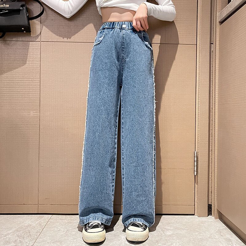 Children Wide Leg Jeans Spring 2023 Geometric Pattern Fashion Teenage School Kids Pants Casual Loose Straight Trousers for Girls
