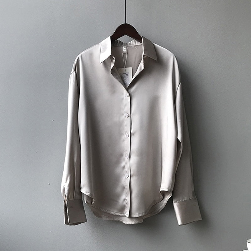 Silk Office Ladies Elegant Shirt Blouse Women Fashion Button Up Satin Shirt Vintage White Long Sleeve Shirts Tops 11355
