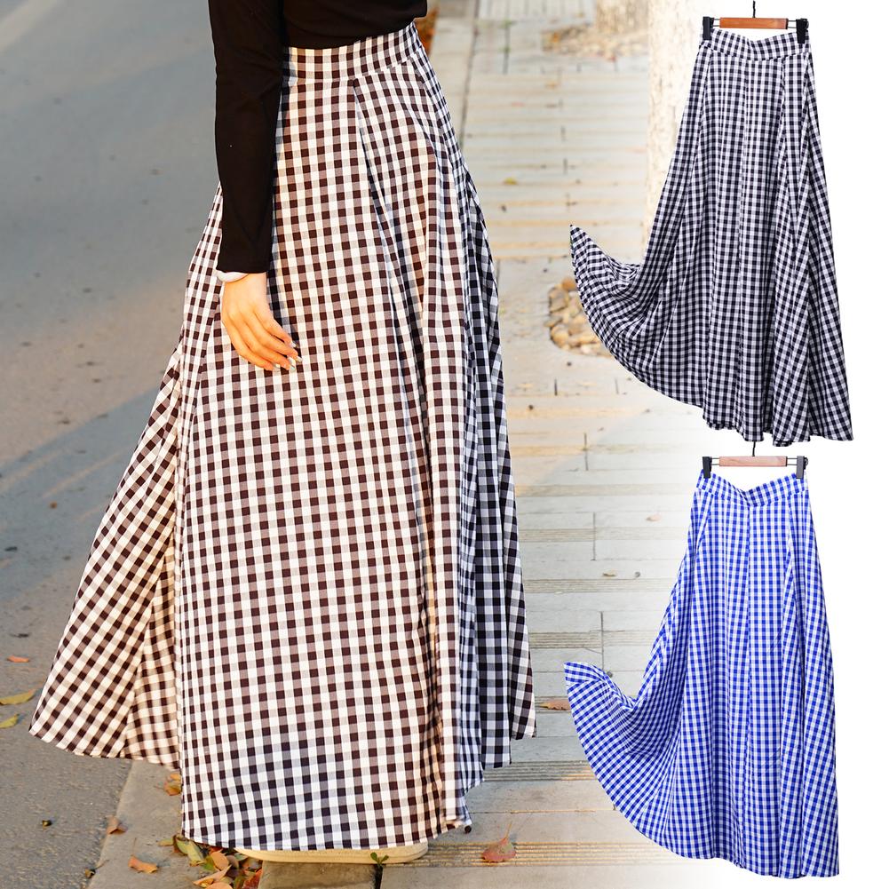 Plaid Long Skirts Women Bohemian Skirts Sexy High Waist Maxi Long Dress Casual Elastic Ladies A-line Skirts Women's Skirts Robe
