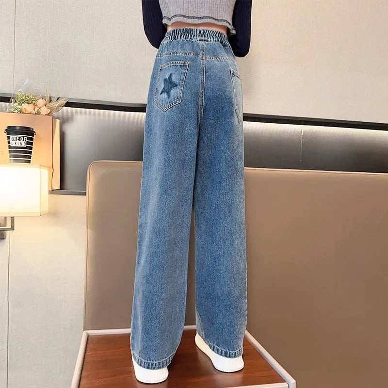 Children Wide Leg Jeans Spring 2023 Geometric Pattern Fashion Teenage School Kids Pants Casual Loose Straight Trousers for Girls