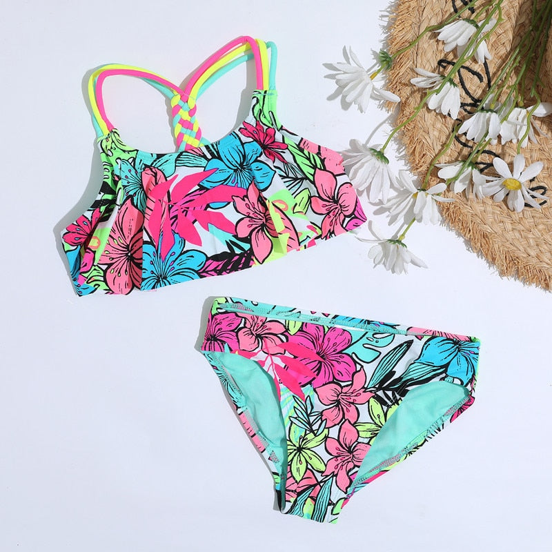 TUONXYE Girls Swimwear Swimsuits Outfits Off Shoulder Crop Top Floral Print Briefs Set Children Bikini Beachwear Bathing Suits