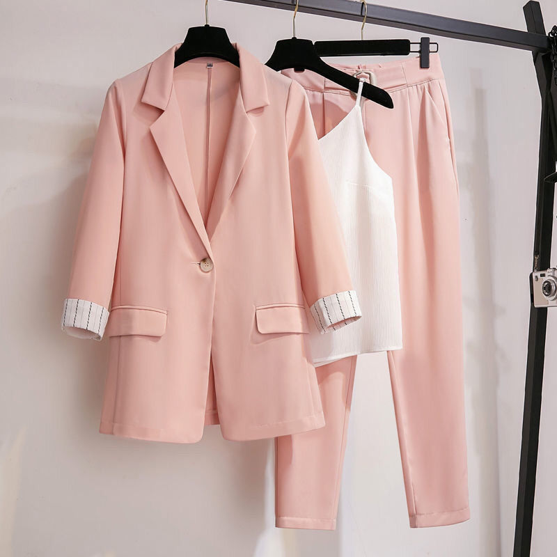 Women's Spring Summer Thin Blazer Pants 3 Pcs Set Office Lady Work Graceful Suit Coat Trousers Vest Outfits Daily Clothes