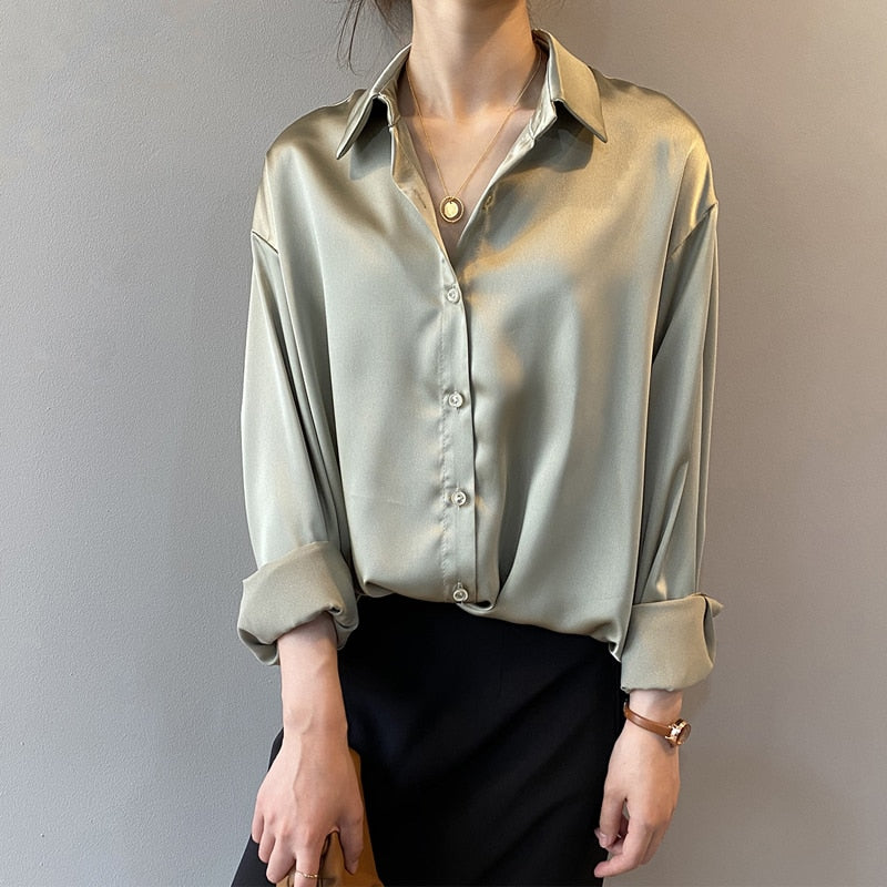 Silk Office Ladies Elegant Shirt Blouse Women Fashion Button Up Satin Shirt Vintage White Long Sleeve Shirts Tops 11355