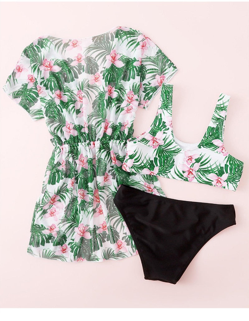 Hotsale Leaf Print Girls Kids Swimsuit Bikinis 3 Pieces Freeshipping Children Swimwear Cover Smock Set Baby Kids Bathing Suit