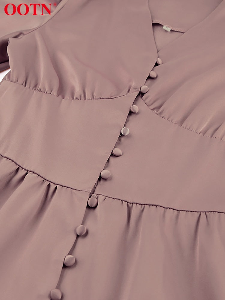 White Single Breasted Elegant Dress For Women Party Robe High Waist Satin Long Dress Chic Midi Dresses Lantern Sleeve