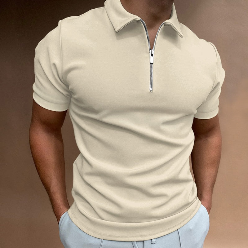 NEW Men Solid Color Polo Shirt Short Sleeve Turn-Down Collar Zipper Polo Shirt for Men Casual Streetwear Summer Male Tops