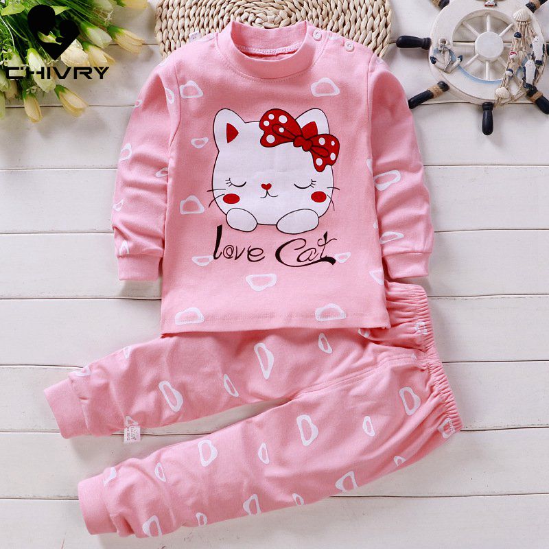 Newborn Kids Boys Girls Pajama Sets Cartoon Long Sleeve Cute T-Shirt Tops with Pants Toddler Baby Autumn Sleeping Clothes