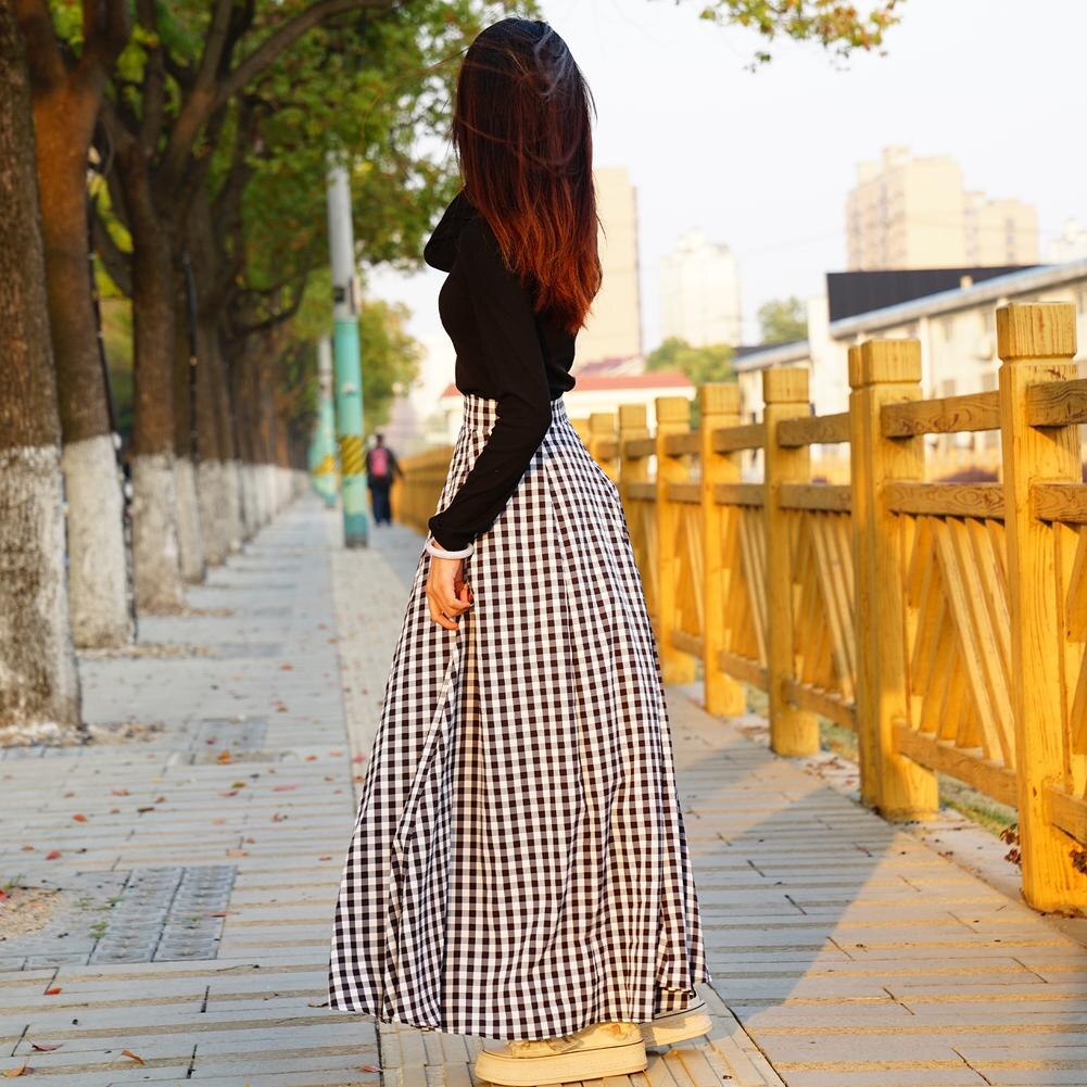 Plaid Long Skirts Women Bohemian Skirts Sexy High Waist Maxi Long Dress Casual Elastic Ladies A-line Skirts Women's Skirts Robe