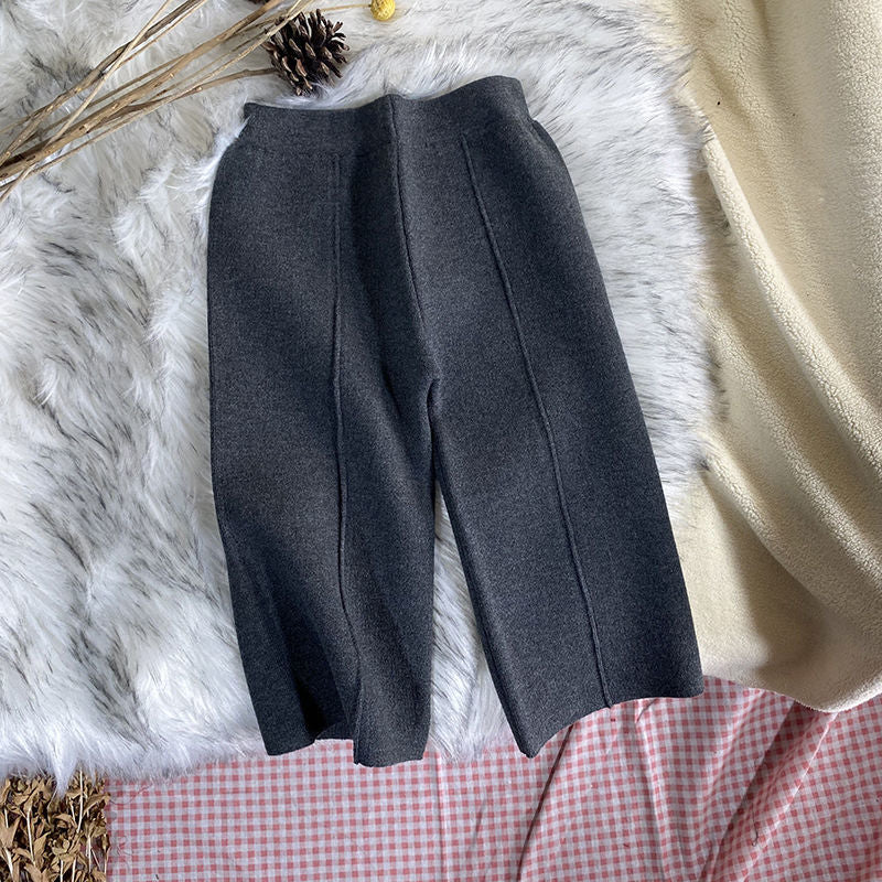 Kids Girls Knitted Casual Pants Loose Autumn Winter Outwear Trousers Black Gray Apricot Wide Leg