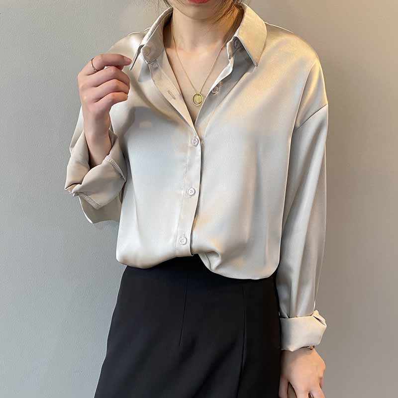 Silk Office Ladies Elegant Shirt Blouse Women Fashion Button Up Satin Shirt Vintage White Long Sleeve Shirts Tops 11355
