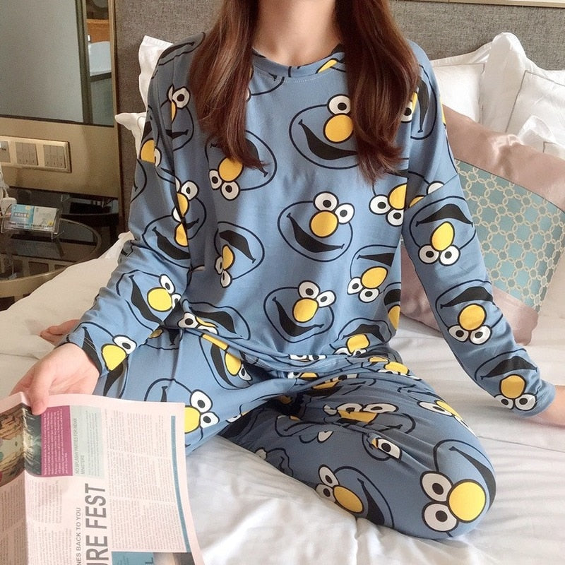 Autumn Thin 2pieces Pajamas Set Women Sleepwear Lovely Home Suits Round Neck Girls Teacup SleepwearLong Sleeve Pajamas