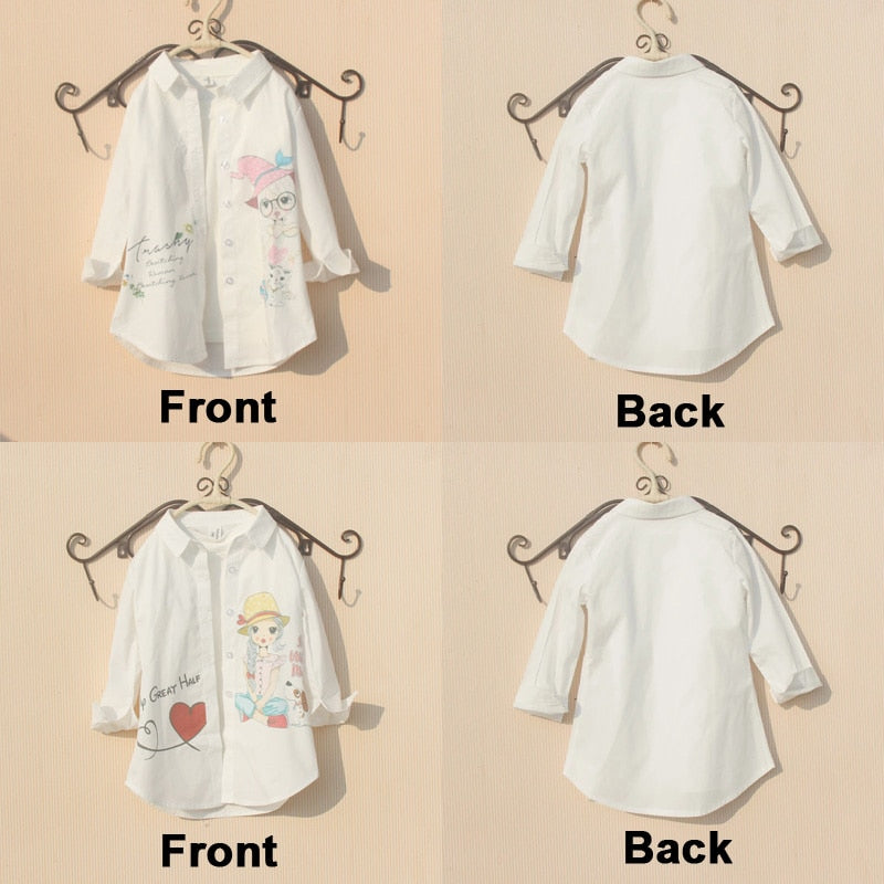 Girls Blouse 2023 Spring Children Clothes Cartoon Rabbit Long Sleeve Tops White Blouses for 8 To 12 Years Teenage Girls Shirt