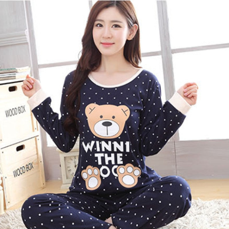 Autumn Thin 2pieces Pajamas Set Women Sleepwear Lovely Home Suits Round Neck Girls Teacup SleepwearLong Sleeve Pajamas