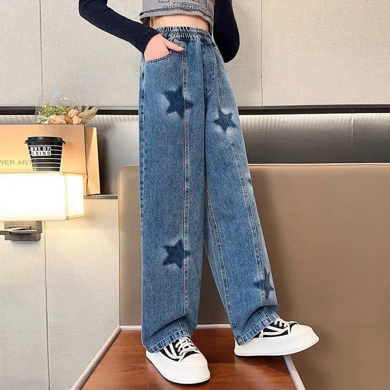 Children Wide Leg Jeans Spring 2023 Geometric Pattern Fashion Teenage School Kids Pants Casual Loose Straight Trousers for Girls