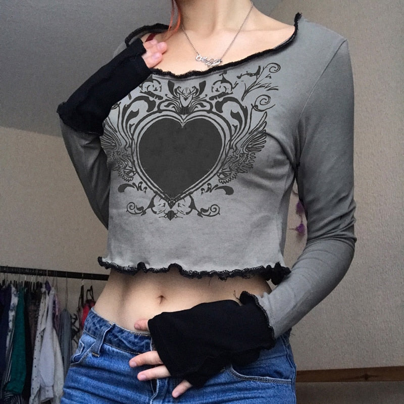 E-girl Gothic Harajuku Crop Top 90s Vintage Graphic Print Skinny Pullovers Tee Punk Grunge T-shirt Y2K Aesthetic Alt Emo Clothes
