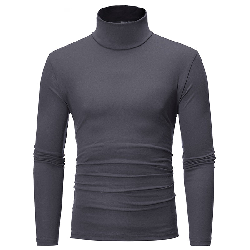 Fashion Men Casual Slim Fit Basic Turtleneck High Collar Pullover Male Autumn Spring Thin Tops Basic Bottoming Plain T-shirt