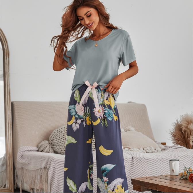 Breathable 2PCS Pajama Short Sleeve Printed Pijama Mujer Femme Loose Nightwear Suit Female Casual Homewear Pajama Set For Women