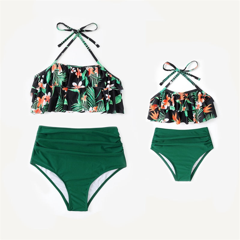 Family Look Flower Mother Daughter Matching Swimsuits Ruffled Mommy and Me Bikini Dresses Clothes Highwaist Women Girls Swimwear