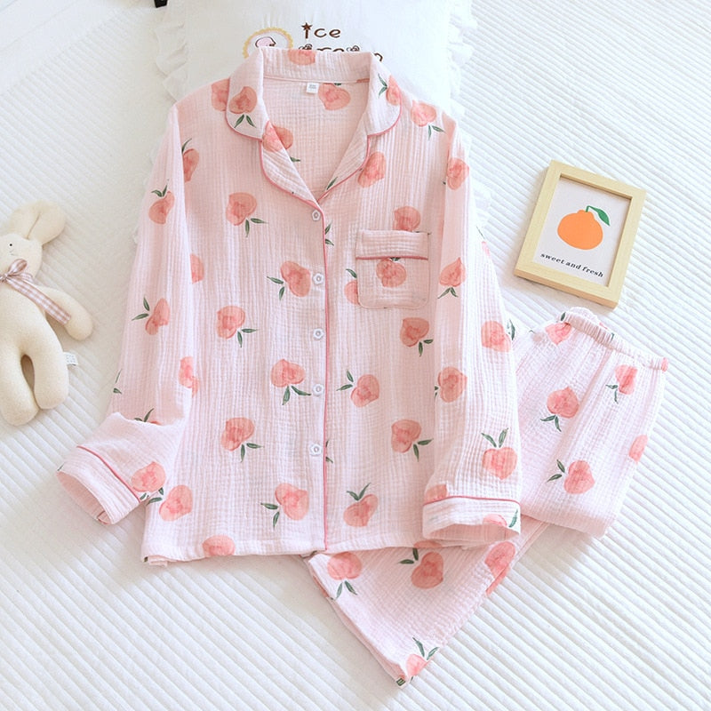 Spring New Ladies Pajamas Set Heart Printed Crepe Cotton Double-layer Gauze Turn-down Collar Long-sleeve Trousers Household Wear