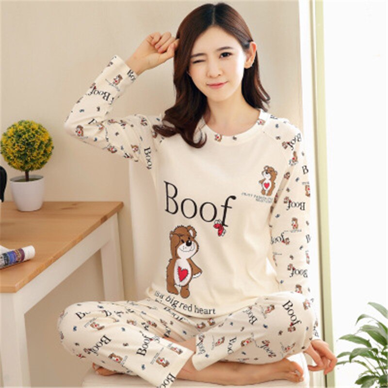 Autumn Thin 2pieces Pajamas Set Women Sleepwear Lovely Home Suits Round Neck Girls Teacup SleepwearLong Sleeve Pajamas