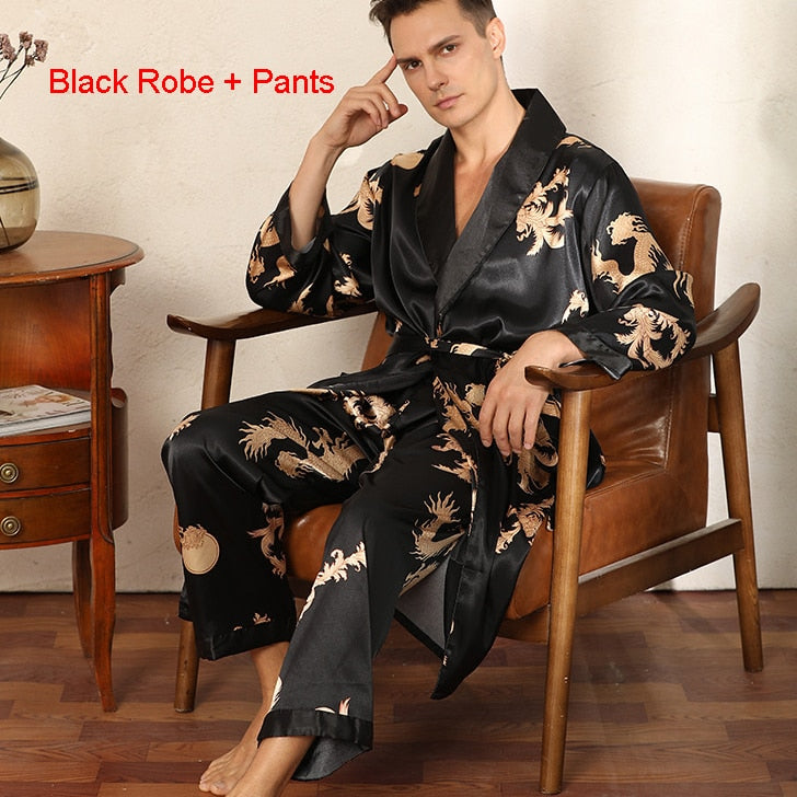 Male Satin Sleepwear Robe&amp;Pants Dargon Pajamas Set Print Men Nightwear Kimono Bathrobe Gown Faux Silk Lounge Wear Home Clothes