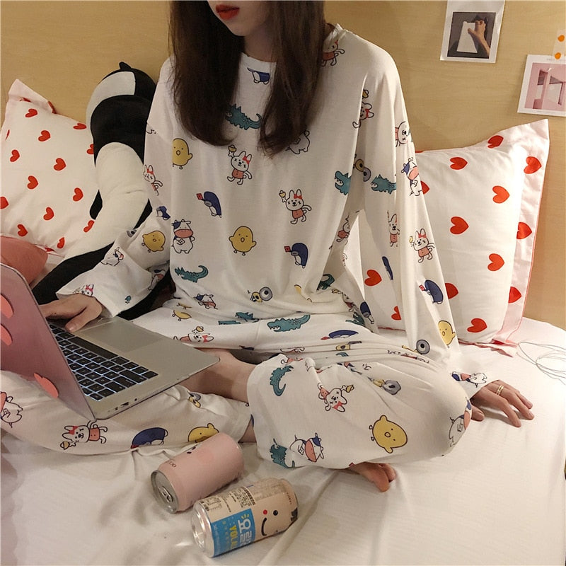 Autumn Thin 2pieces Pajamas Set Women Sleepwear Lovely Home Suits Round Neck Girls Teacup SleepwearLong Sleeve Pajamas
